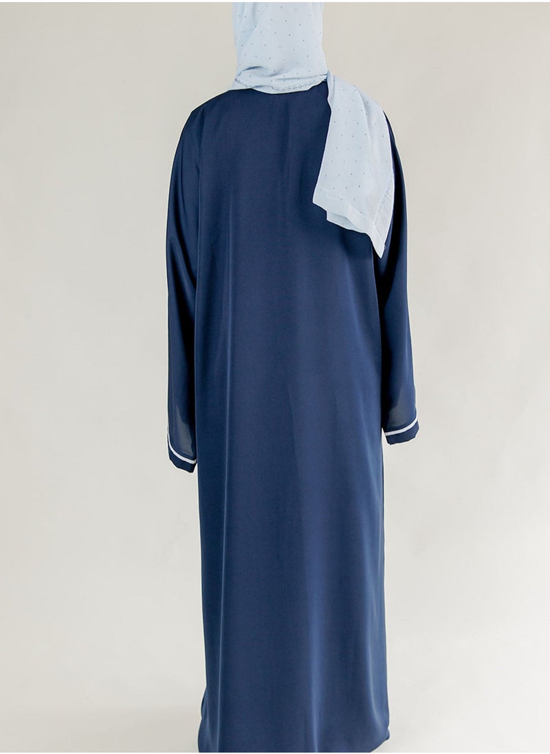 Modern Blue Nida Abaya with White Contrast Lines and Front Zipper Design – Elegant & Comfortable Women's Fashion
