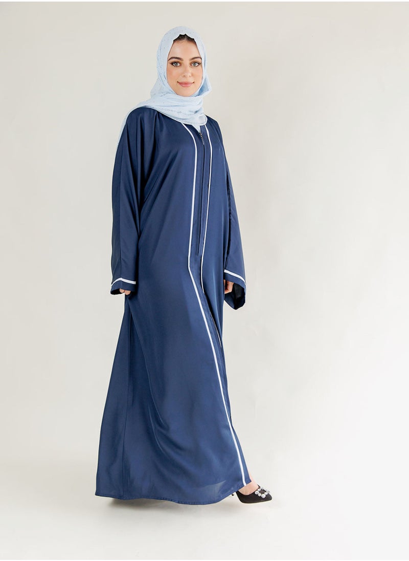 Modern Blue Nida Abaya with White Contrast Lines and Front Zipper Design – Elegant & Comfortable Women's Fashion