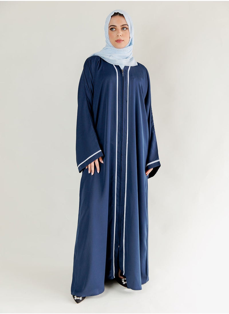 Modern Blue Nida Abaya with White Contrast Lines and Front Zipper Design – Elegant & Comfortable Women's Fashion