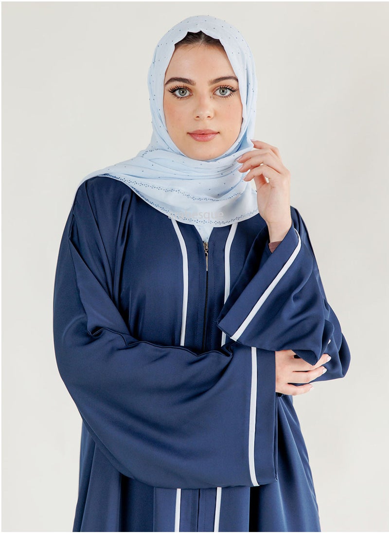 Modern Blue Nida Abaya with White Contrast Lines and Front Zipper Design – Elegant & Comfortable Women's Fashion