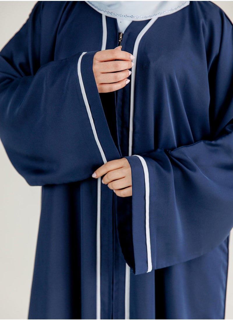 Modern Blue Nida Abaya with White Contrast Lines and Front Zipper Design – Elegant & Comfortable Women's Fashion