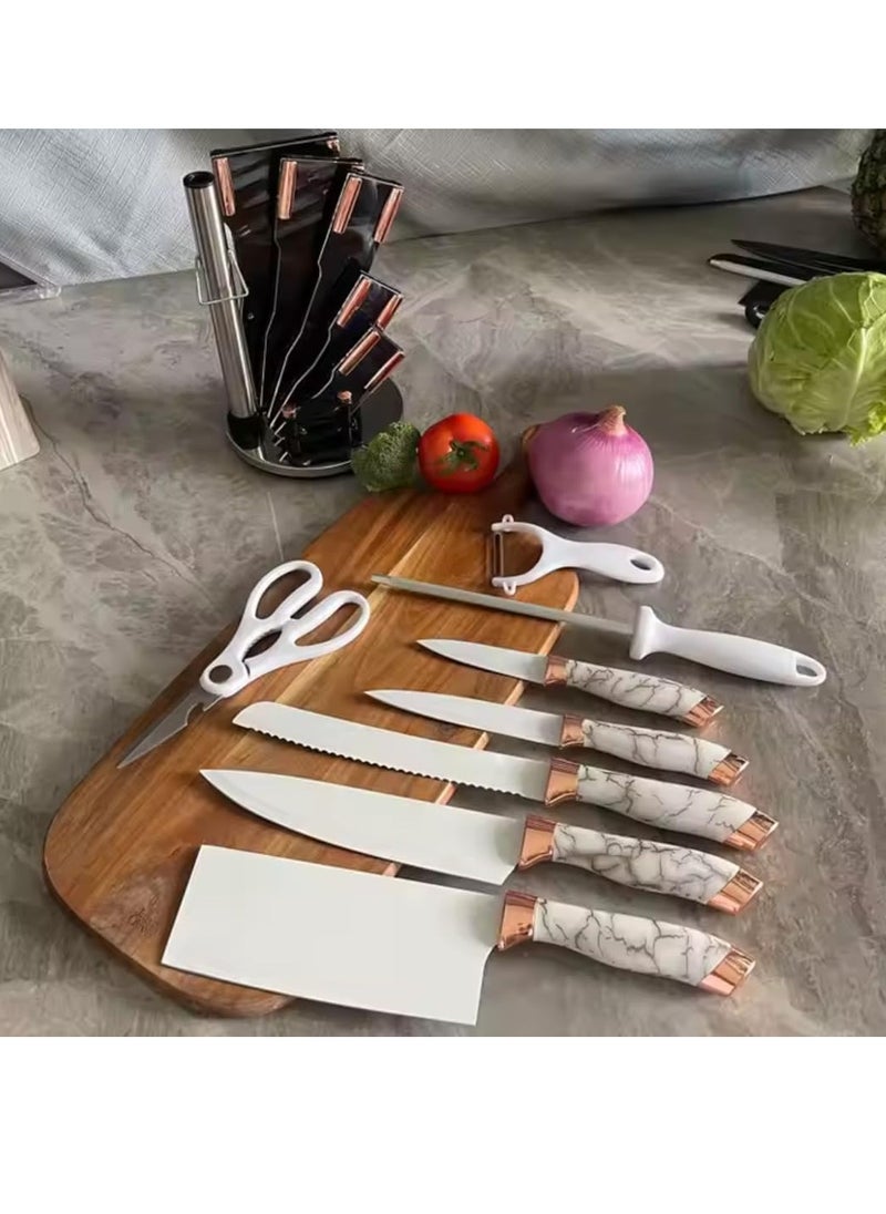 9-Piece Marble Pattern Handle Kitchen Knife Set – Premium Stainless Steel (White with transparent)