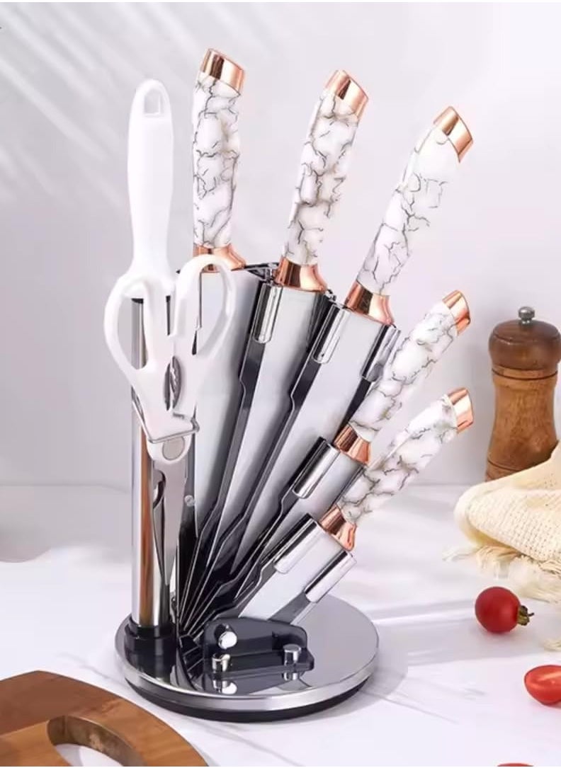 9-Piece Marble Pattern Handle Kitchen Knife Set – Premium Stainless Steel (White with transparent)