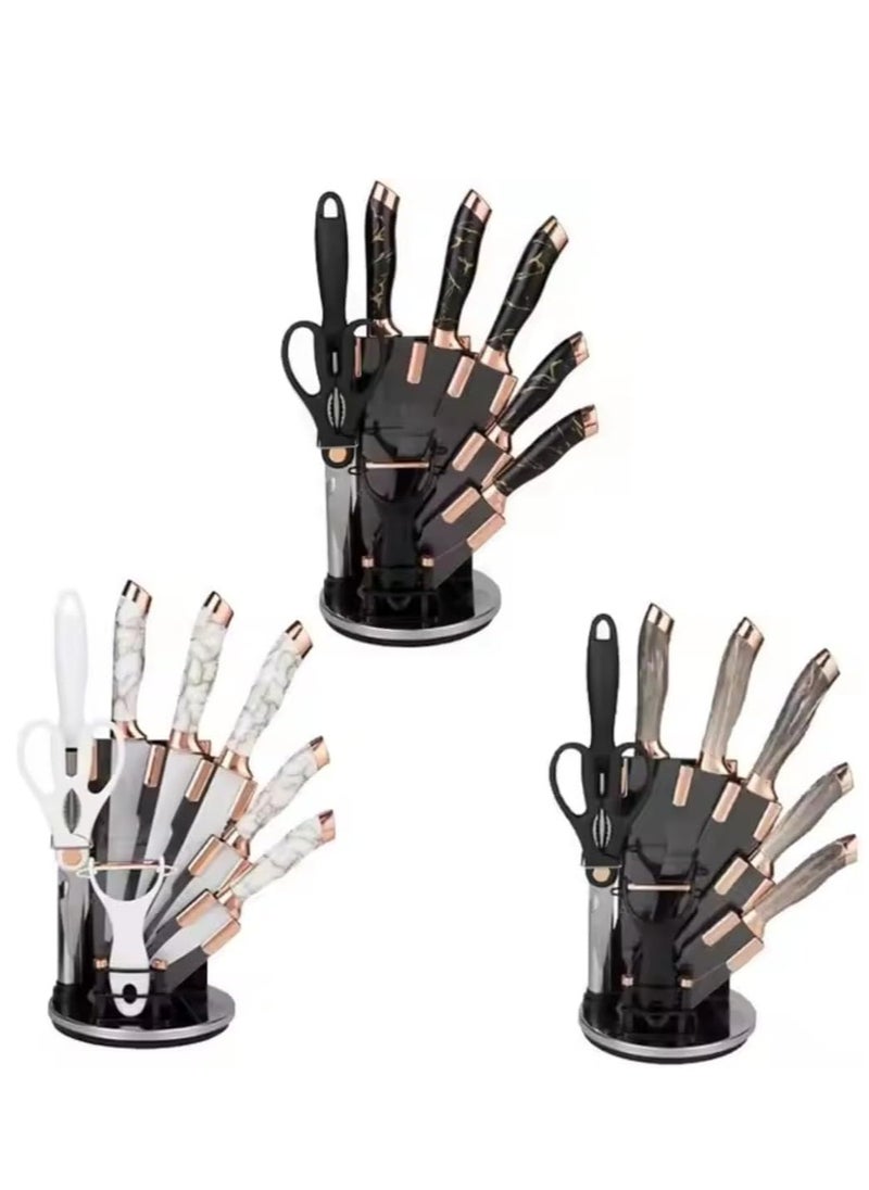 9-Piece Marble Pattern Handle Kitchen Knife Set – Premium Stainless Steel (White with transparent)