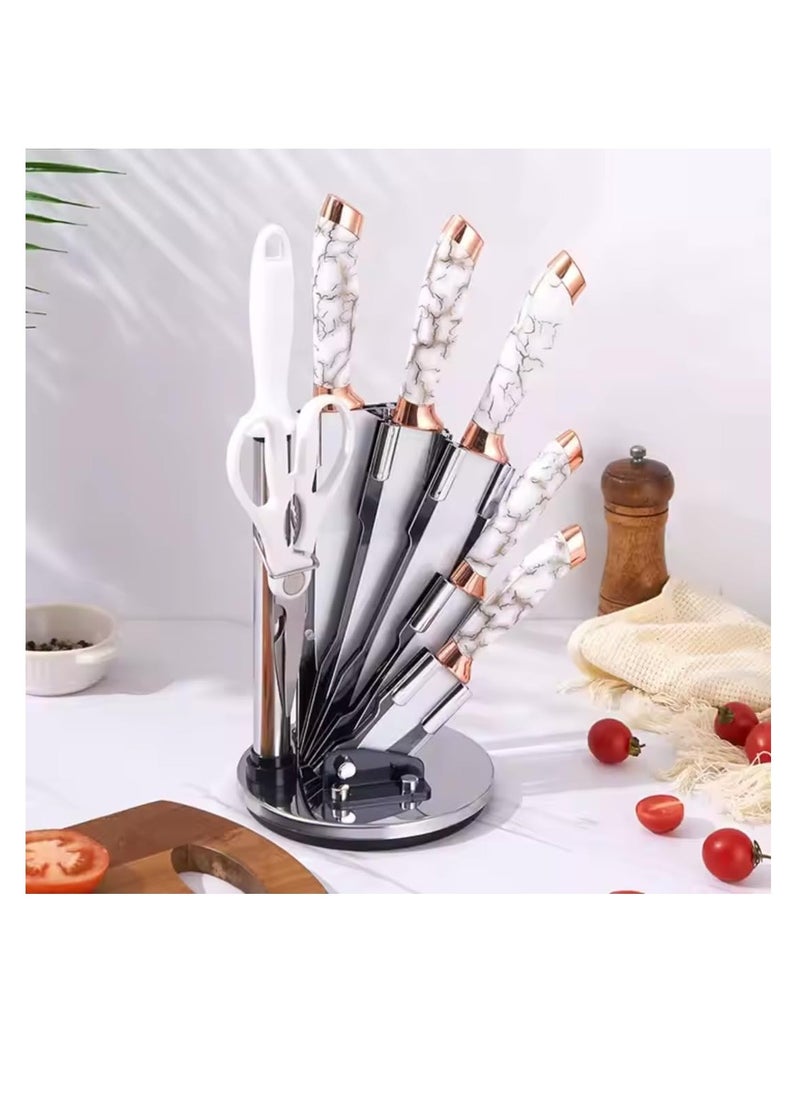 9-Piece Marble Pattern Handle Kitchen Knife Set – Premium Stainless Steel (White with transparent)