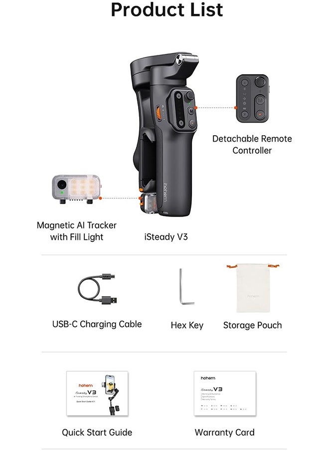 hohem iSteady V3 Gimbal Stabilizer for iPhone, Magnetic AI Tracker,Detached Remote,Built-in Tripod Extension Rod, 3-Axis Phone Gimbal Stabilizer for Smartphone Video Recording Vlog Live tiktok,Black