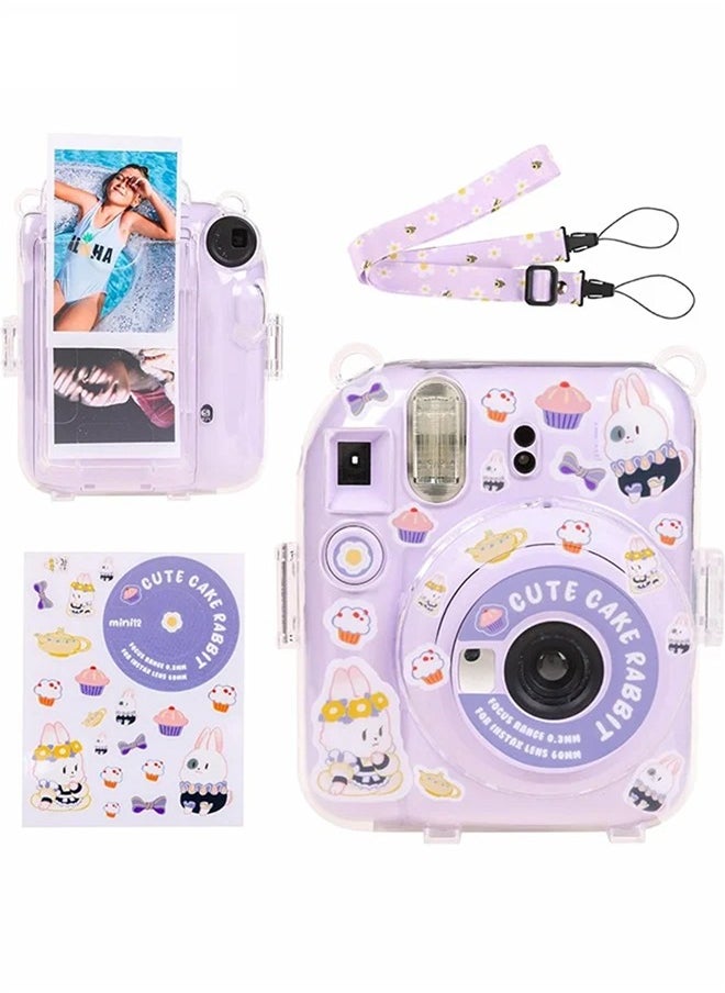 3 Pack Clear Purple Camera Case Compatible with Fujifilm Instax Mini 12 Instant Camera, Mini 12 Hard Case with Photo Pocket Holds on Back and Adjustable Shoulder Strap u0026 Cute Camera Sticker