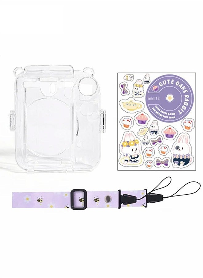 3 Pack Clear Purple Camera Case Compatible with Fujifilm Instax Mini 12 Instant Camera, Mini 12 Hard Case with Photo Pocket Holds on Back and Adjustable Shoulder Strap u0026 Cute Camera Sticker