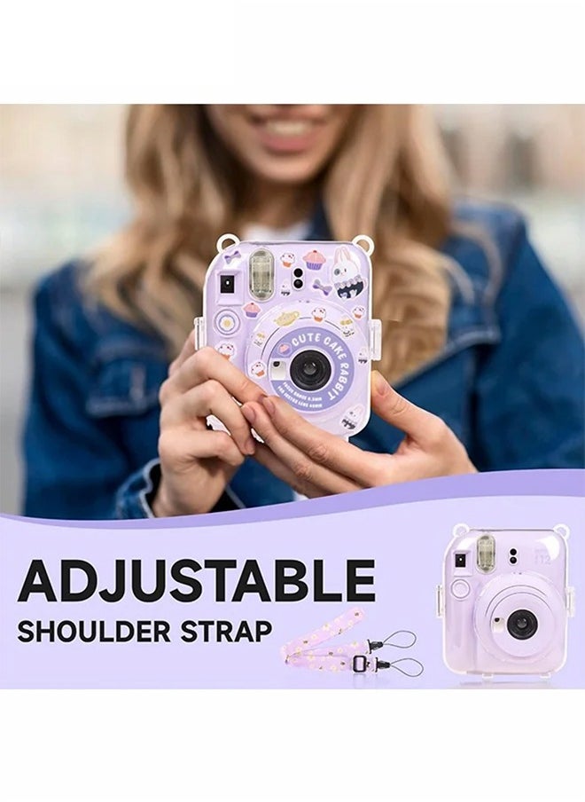 3 Pack Clear Purple Camera Case Compatible with Fujifilm Instax Mini 12 Instant Camera, Mini 12 Hard Case with Photo Pocket Holds on Back and Adjustable Shoulder Strap u0026 Cute Camera Sticker