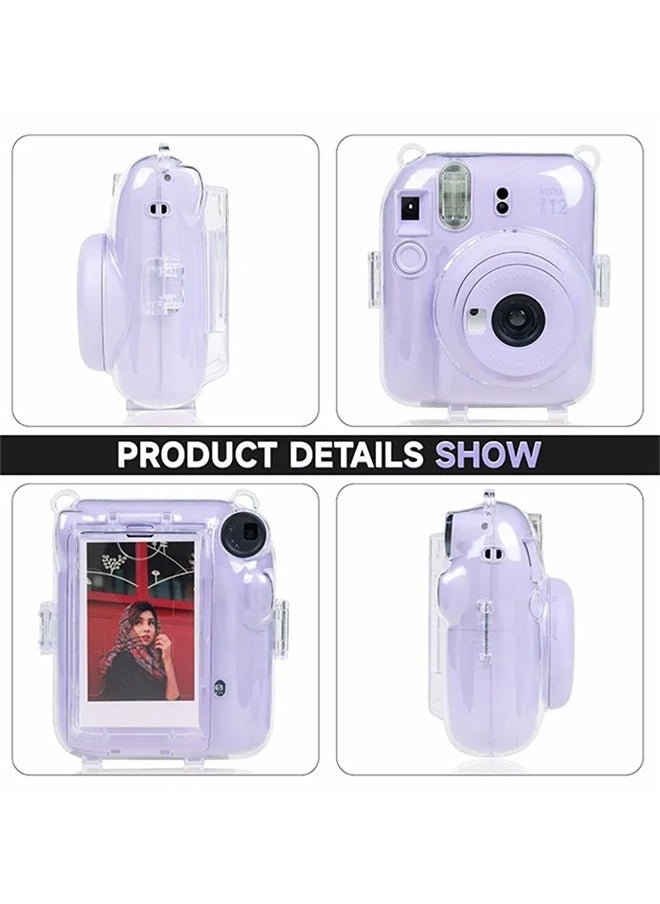 3 Pack Clear Purple Camera Case Compatible with Fujifilm Instax Mini 12 Instant Camera, Mini 12 Hard Case with Photo Pocket Holds on Back and Adjustable Shoulder Strap u0026 Cute Camera Sticker