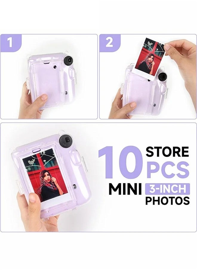 3 Pack Clear Purple Camera Case Compatible with Fujifilm Instax Mini 12 Instant Camera, Mini 12 Hard Case with Photo Pocket Holds on Back and Adjustable Shoulder Strap u0026 Cute Camera Sticker