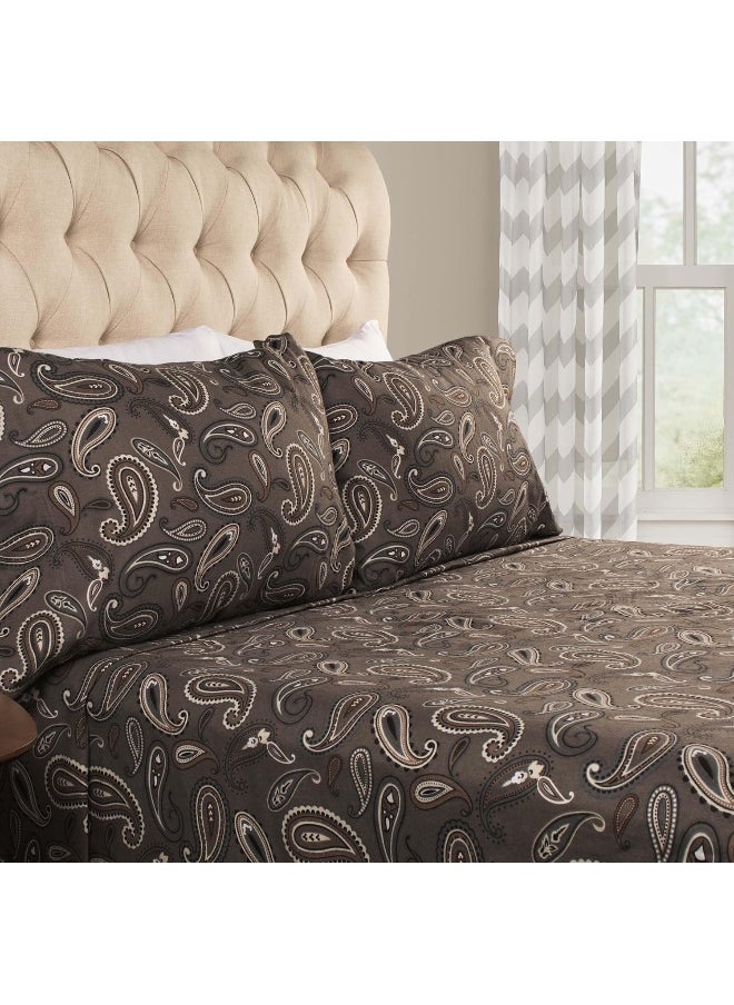 Superior Paisley or Solid Flannel Cotton Sheet Set, Fuzzy Warm Sheets, Traditional Bohemian Bedding, Includes 1 Flat Sheet, 1 Elastic Deep Pocket Fitted Sheet, 1 Pillowcase, Twin XL, Charcoal