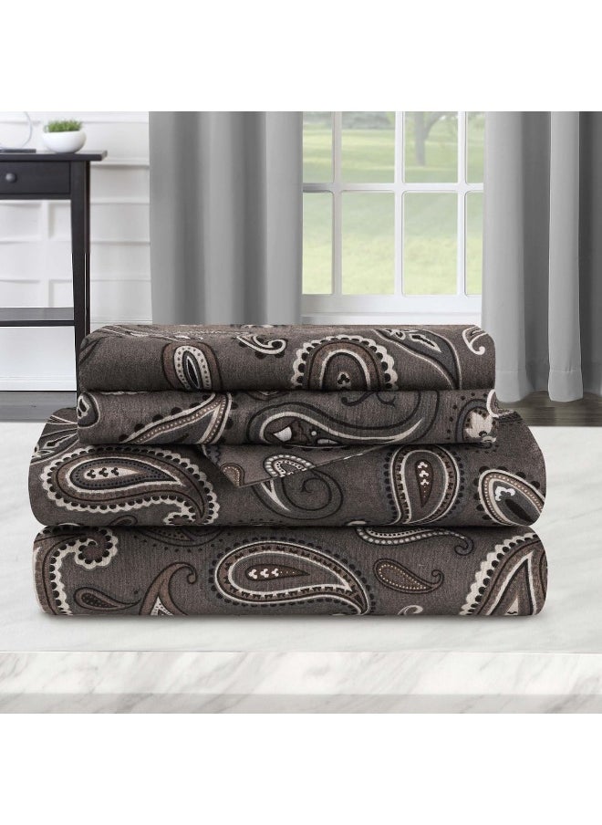 Superior Paisley or Solid Flannel Cotton Sheet Set, Fuzzy Warm Sheets, Traditional Bohemian Bedding, Includes 1 Flat Sheet, 1 Elastic Deep Pocket Fitted Sheet, 1 Pillowcase, Twin XL, Charcoal