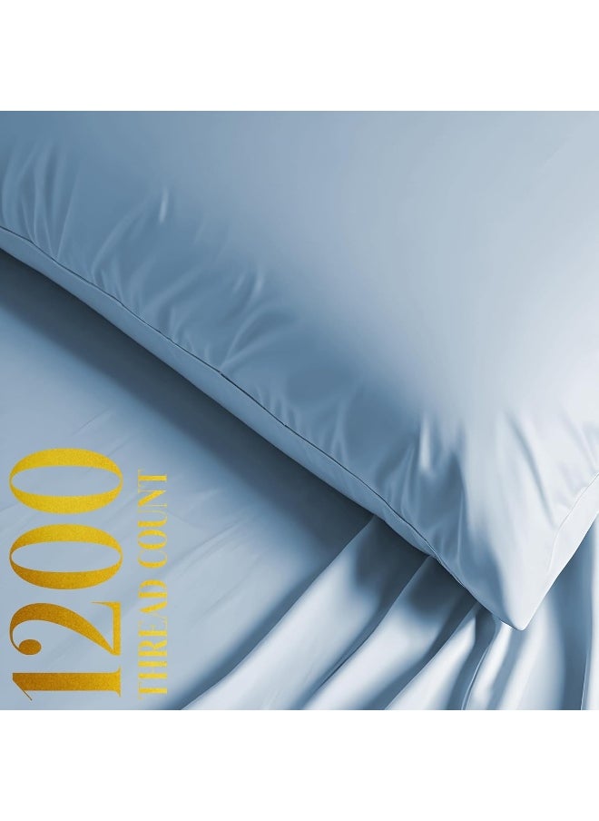 Linenwalas 100% Supima Cotton Queen Sheet Set, Premium Luxury Bed Sheets Set for Queen Size Mattress, 1200 Thread Count, 4 Pc Set, 5-Star Hotel Quality Queen Sheets, 16” Deep Pocket – Baby Blue