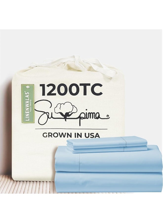 Linenwalas 100% Supima Cotton Queen Sheet Set, Premium Luxury Bed Sheets Set for Queen Size Mattress, 1200 Thread Count, 4 Pc Set, 5-Star Hotel Quality Queen Sheets, 16” Deep Pocket – Baby Blue