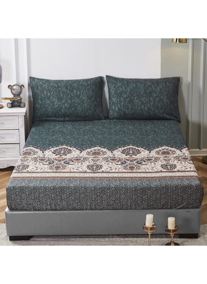 Tache Home Fashion Royal Rustic Paisley Mandala Lattice Floral Elegant Dark Teal Fitted Bed Sheet Only, Queen