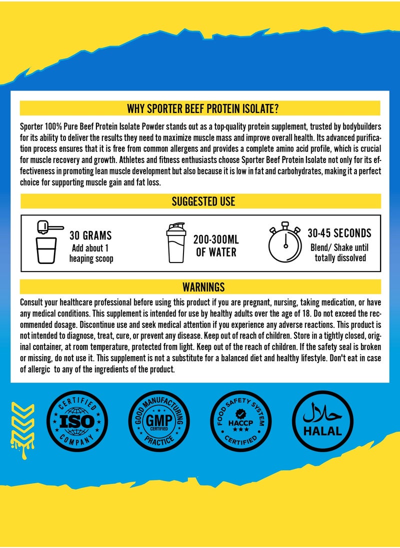 Sporter Beef Protein Isolate – 60 Servings | 26.4g Pure Protein | Blue Raspberry Flavor | Zero Carbs, Sugar & Fat | Lactose-Free | Gut-Friendly | Post-Workout Muscle Support