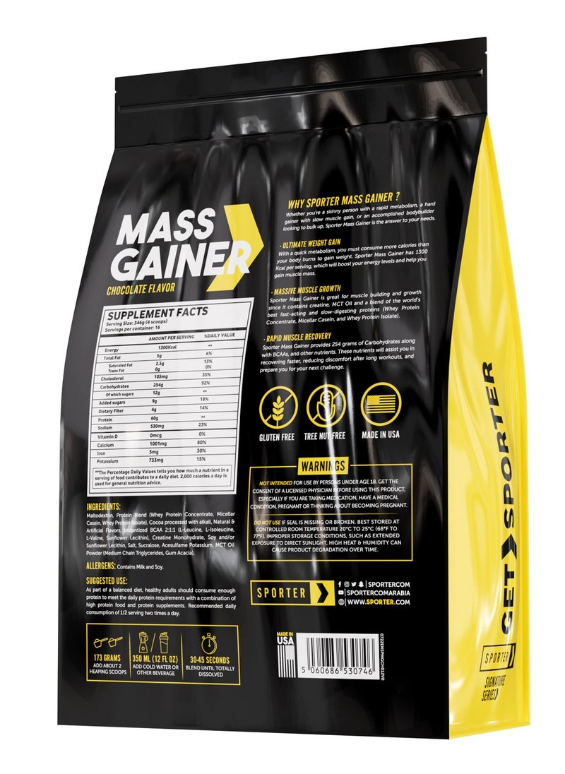 Sporter Mass Gainer – 12lb | 60g Protein Per Serving | High-Calorie Muscle Builder | Creatine, BCAA & MCT Oil | Chocolate Flavor | Weight Gain & Recovery Formula