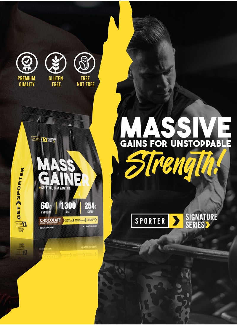 Sporter Mass Gainer – 12lb | 60g Protein Per Serving | High-Calorie Muscle Builder | Creatine, BCAA & MCT Oil | Chocolate Flavor | Weight Gain & Recovery Formula