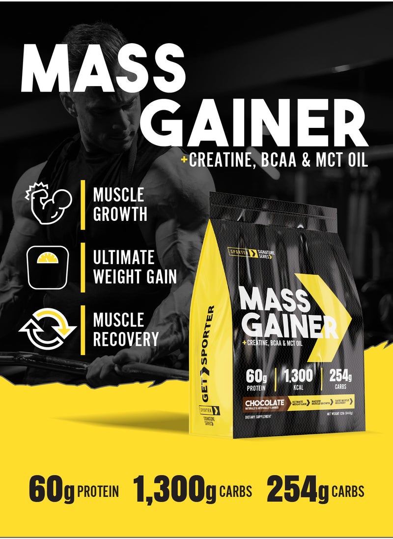 Sporter Mass Gainer – 12lb | 60g Protein Per Serving | High-Calorie Muscle Builder | Creatine, BCAA & MCT Oil | Chocolate Flavor | Weight Gain & Recovery Formula