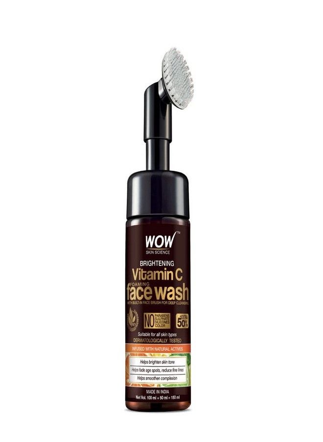 WOW Skin Science Brightening Vitamin C Foaming Face Wash with Built-In Face Brush for deep cleansing - No Parabens, Sulphate, Silicones & Color - 100mL + 50mL = 150mL