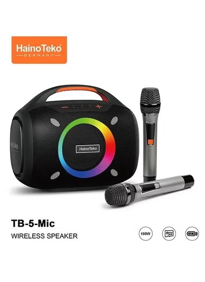 TB--5 Portable Wireless Bluetooth Speaker with 2 Wireless Mics –- 100W Output Power, RGB Lighting, Multi-Functional Button Control, Indoor & Outdoor Use, Black