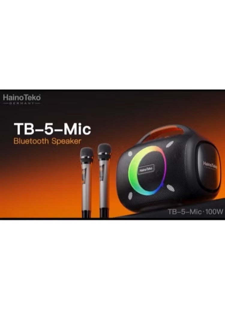 TB--5 Portable Wireless Bluetooth Speaker with 2 Wireless Mics –- 100W Output Power, RGB Lighting, Multi-Functional Button Control, Indoor & Outdoor Use, Black