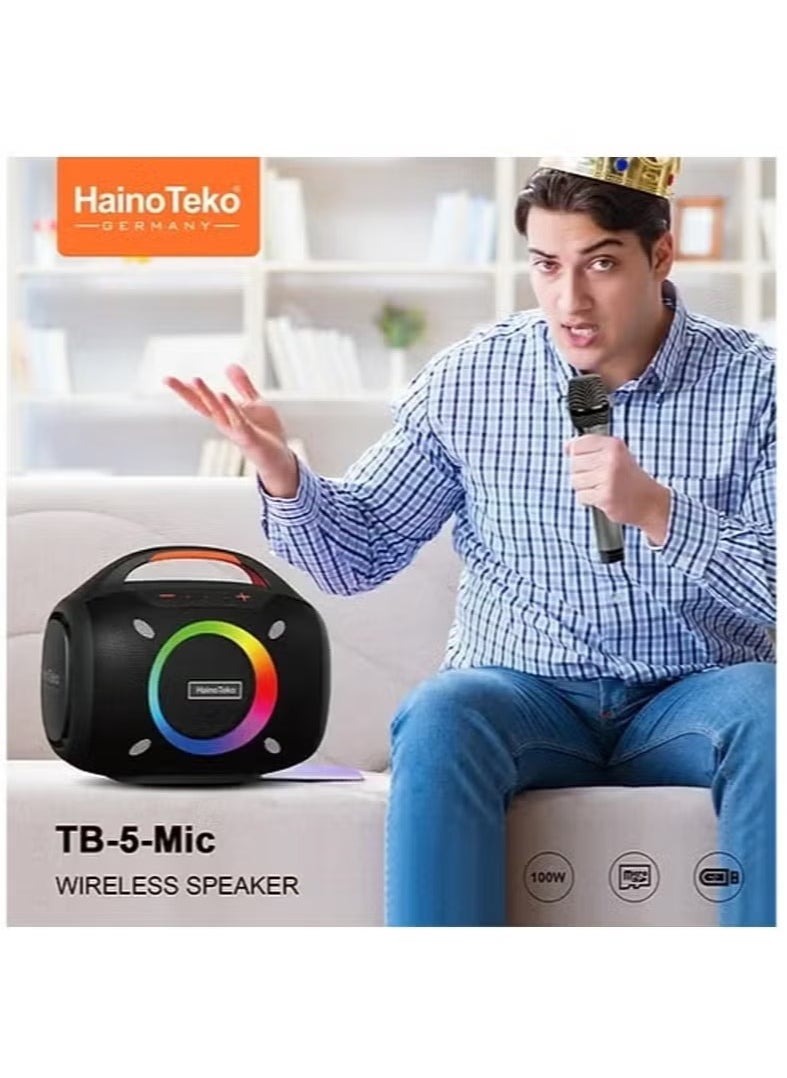 TB--5 Portable Wireless Bluetooth Speaker with 2 Wireless Mics –- 100W Output Power, RGB Lighting, Multi-Functional Button Control, Indoor & Outdoor Use, Black