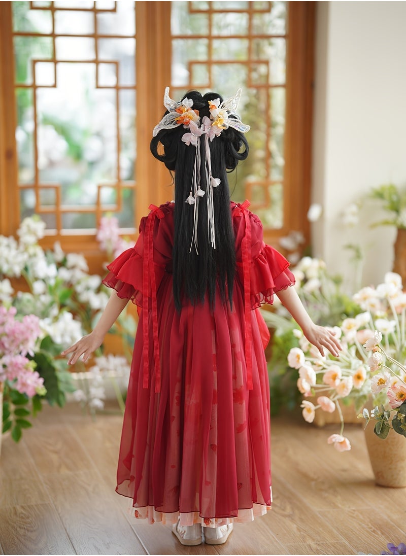 Girls Vintage Inspired Hanfu Dress with Short Sleeves Traditional Chinese Costume Made of Polyester with a Classic Design
