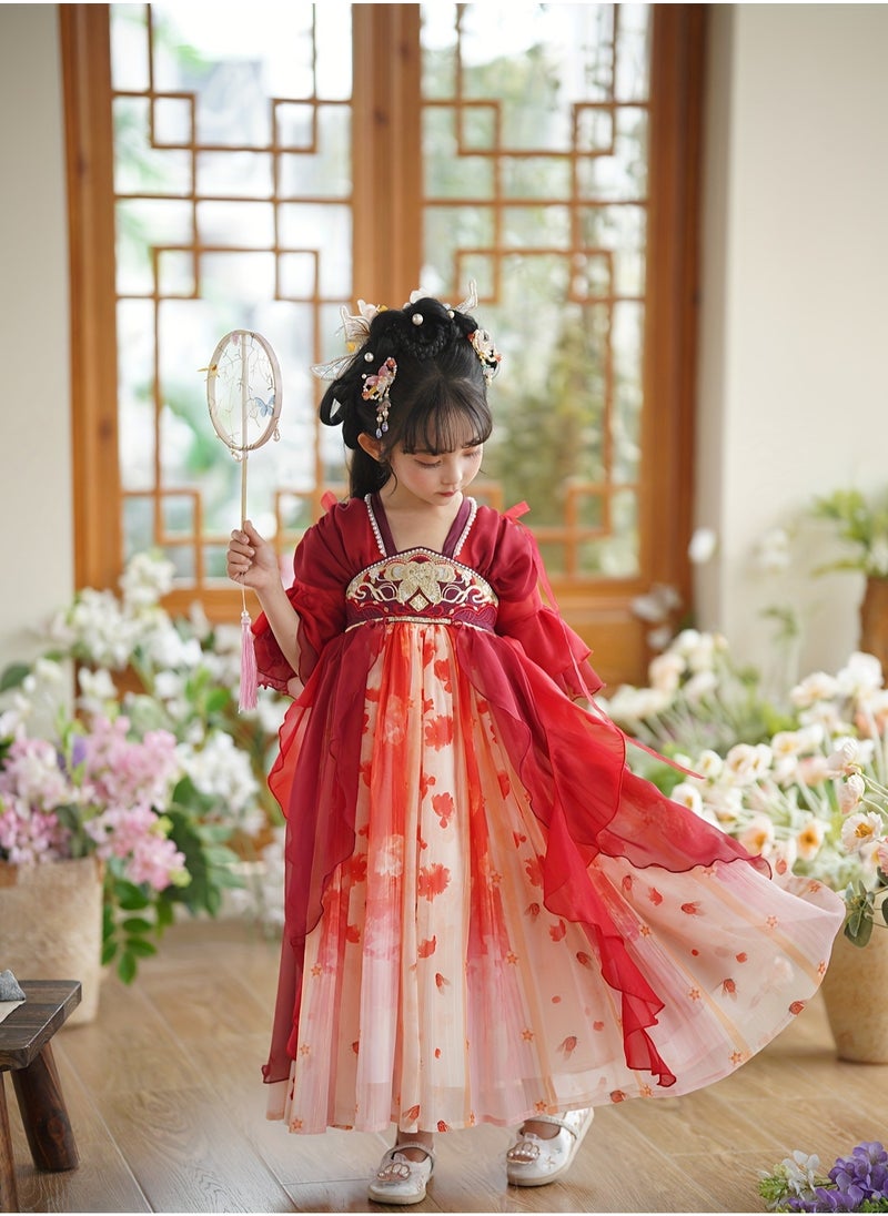Girls Vintage Inspired Hanfu Dress with Short Sleeves Traditional Chinese Costume Made of Polyester with a Classic Design