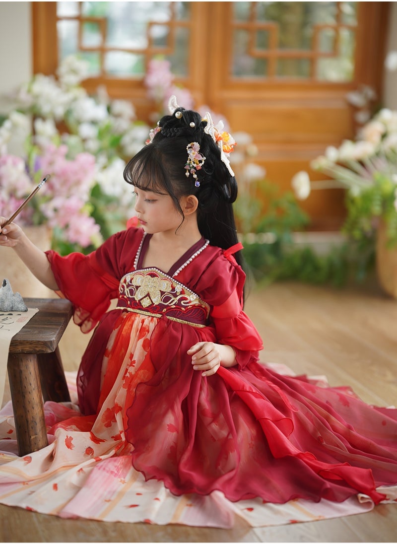 Girls Vintage Inspired Hanfu Dress with Short Sleeves Traditional Chinese Costume Made of Polyester with a Classic Design