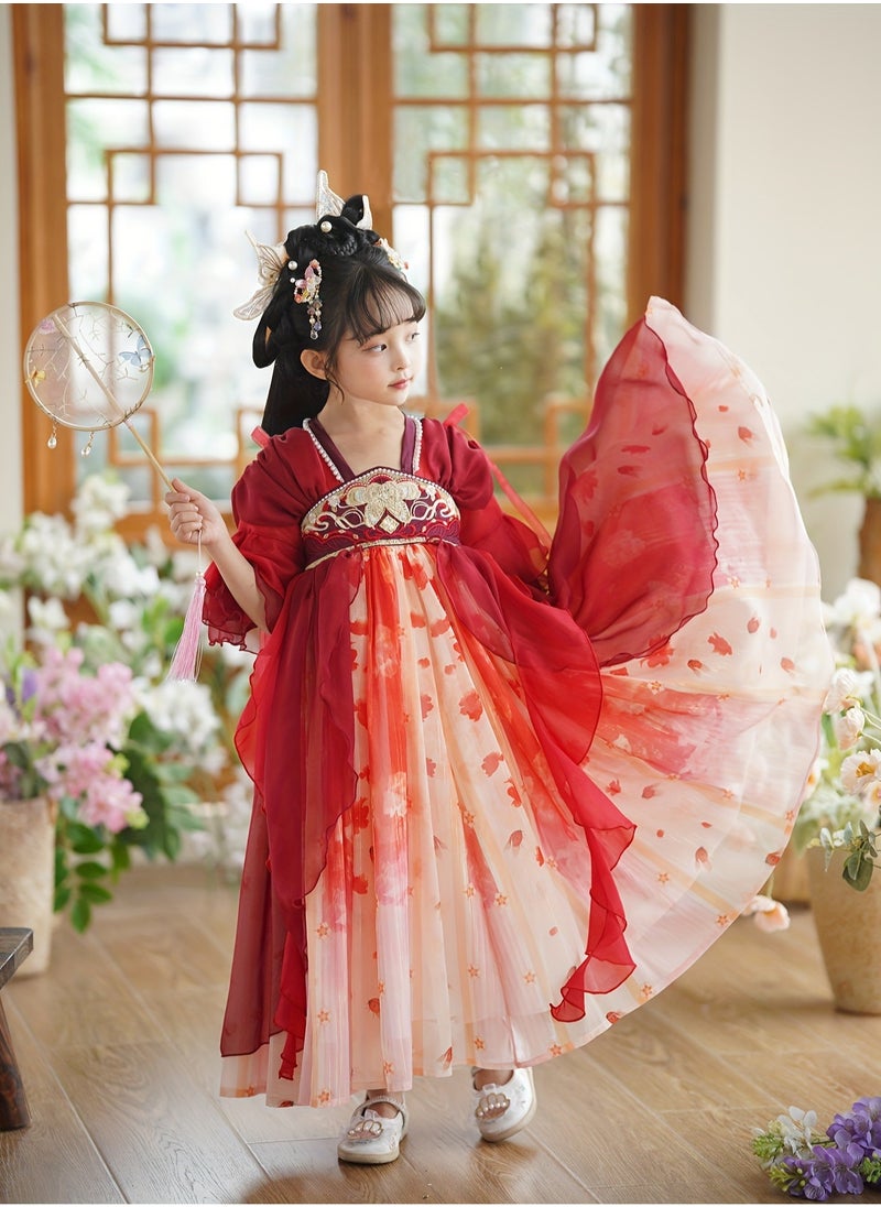 Girls Vintage Inspired Hanfu Dress with Short Sleeves Traditional Chinese Costume Made of Polyester with a Classic Design