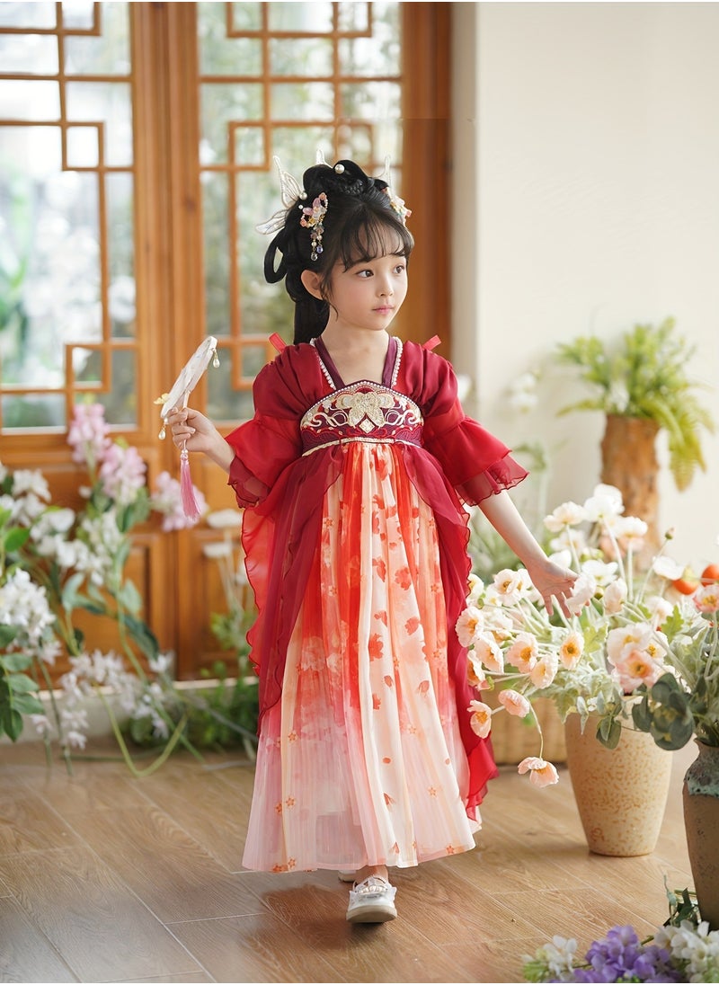 Girls Vintage Inspired Hanfu Dress with Short Sleeves Traditional Chinese Costume Made of Polyester with a Classic Design