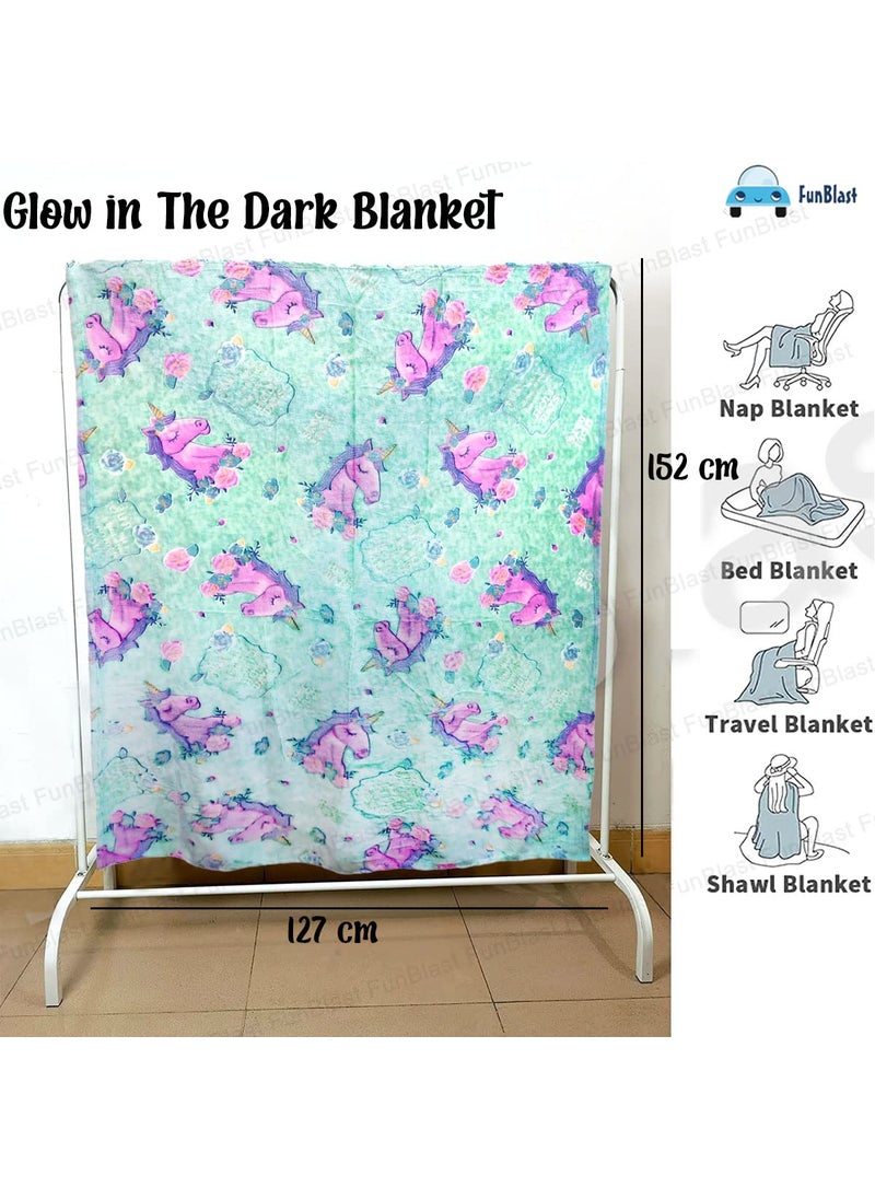 FunBlast Glow in The Dark Blanket for Kids – Cartoon Print Blankets for Kids, Light Weight Soft Cozy All Weather Blankets for 1-10 Years Old Toddlers Baby Boys & Girls (Unicorn-Green)