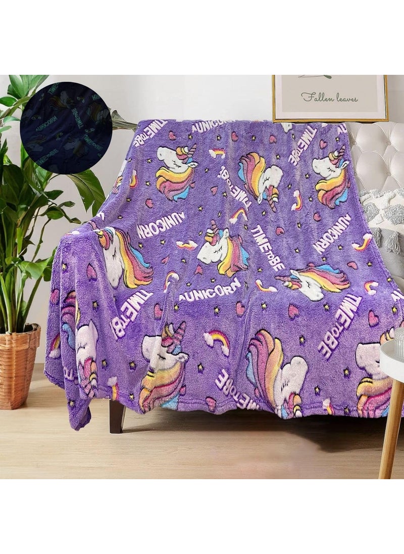 FunBlast Glow in The Dark Blanket for Kids – Cartoon Print Blankets for Kids, Light Weight Soft Cozy All Weather Blankets for 1-10 Years Old Toddlers Baby Boys & Girls (Unicorn-Purple)