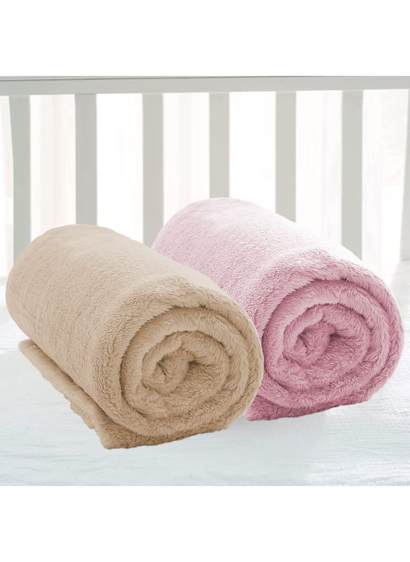 BSB HOME® Premium Plush Baby Blanket Wrapper for Girls & Boys| Toddler Blankets - Newborn Blanket, Soft & Lightweight, Crib & Stroller| 75x100 cm - Pack of 2 Pcs - Pink & Beige