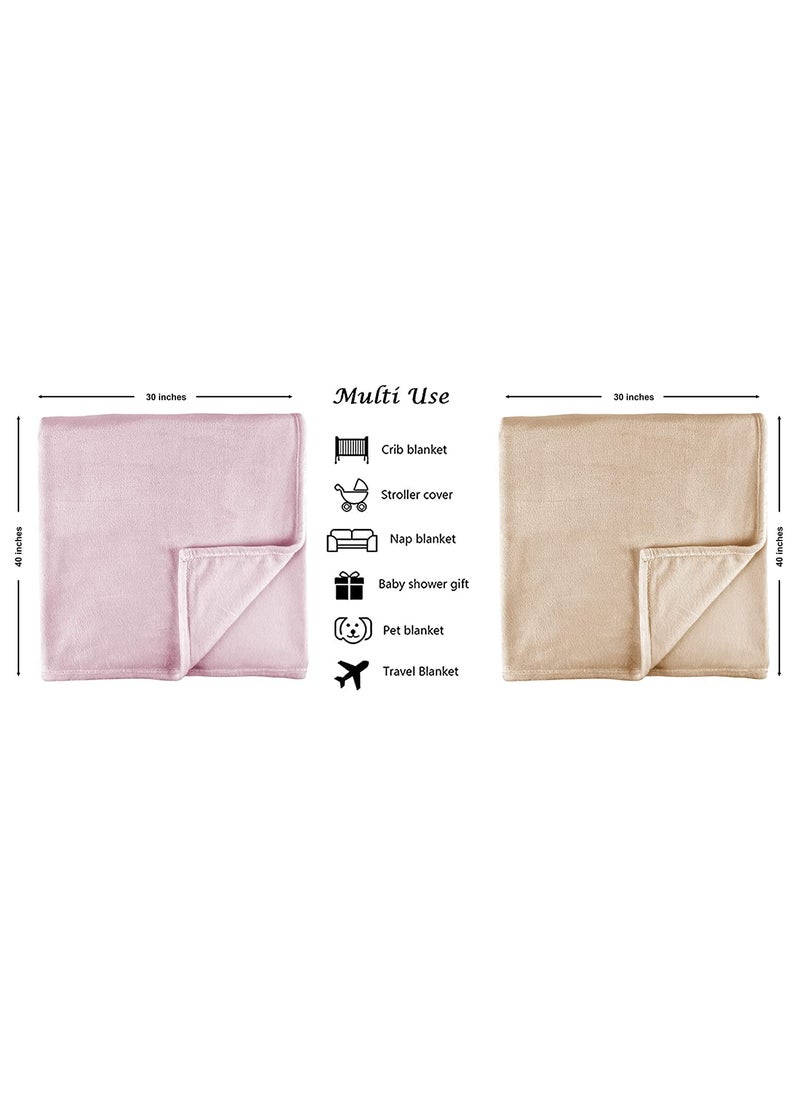 BSB HOME® Premium Plush Baby Blanket Wrapper for Girls & Boys| Toddler Blankets - Newborn Blanket, Soft & Lightweight, Crib & Stroller| 75x100 cm - Pack of 2 Pcs - Pink & Beige