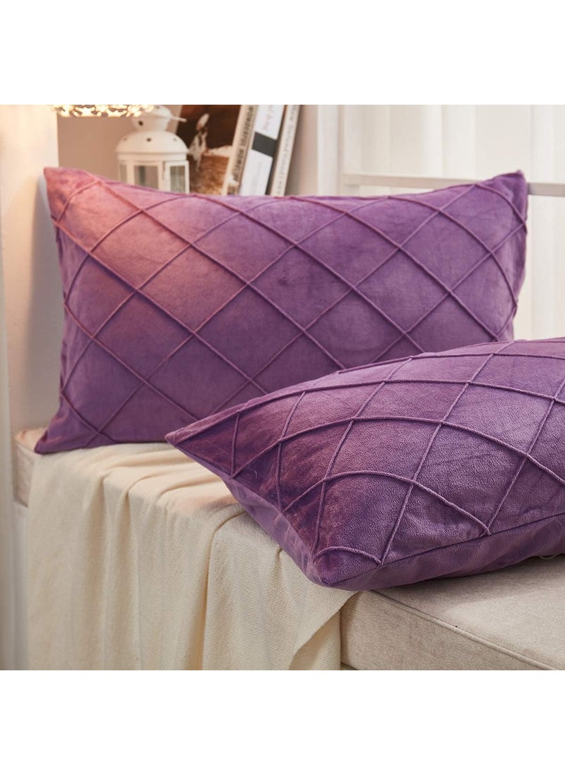 AMICA Luxurious Diamond Pinch Pleated Crystal Velvet Pillowcases Solid Pintuck Throw Cushion Cover for Home Decor Hidden Zipper Closure (Purple, 20'' X 36'' Inch)