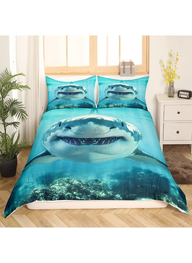3D Shark Bedding Set Twin Size for Kids Boys Bedroom, Sea Animals Bed Duvet Cover Set, Shark Fish Print Comforter Cover Hawaiian Beach Decor 2 Pieces 1 Duvet Cover with 1 Pillowcase No Comforter