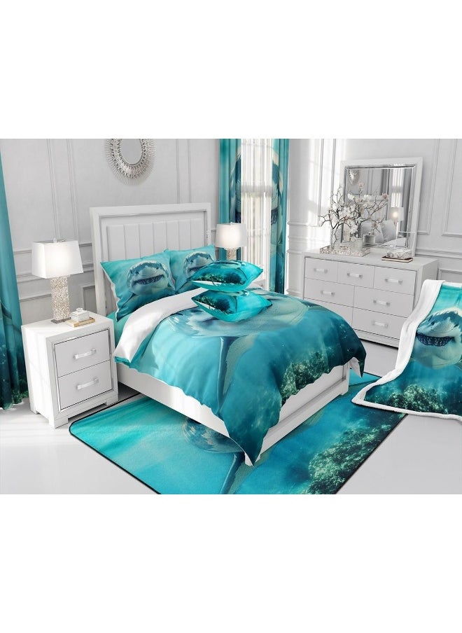 3D Shark Bedding Set Twin Size for Kids Boys Bedroom, Sea Animals Bed Duvet Cover Set, Shark Fish Print Comforter Cover Hawaiian Beach Decor 2 Pieces 1 Duvet Cover with 1 Pillowcase No Comforter