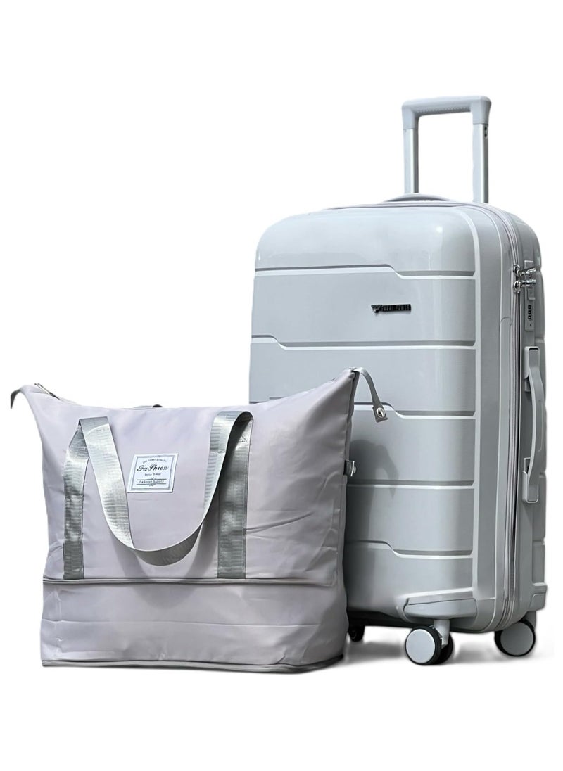 Suitcase Medium 24 Inch Unbreakable PP Hard Shell Lightweight Durable Trolley Checked Luggage with Double Spinner Wheels + Carry On Travel Duffels Bag Set