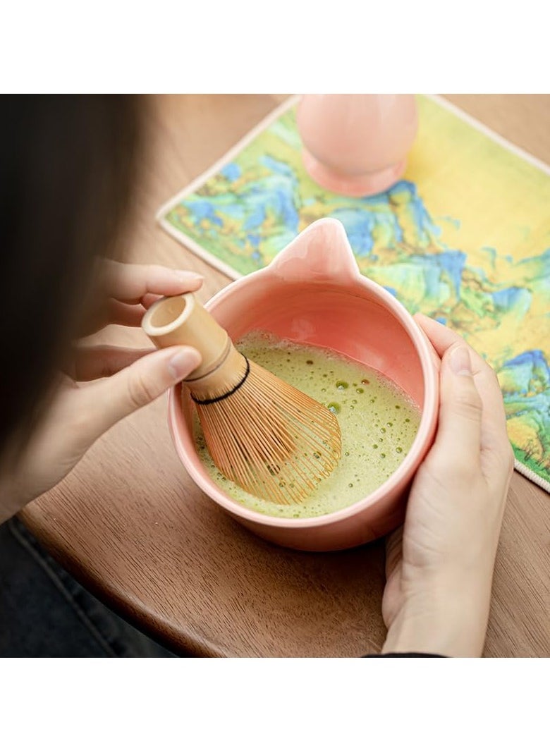 Matcha Whisk Set - Matcha Bowl and Whisk, 20 OZ, Matcha Whisk Stand (Ceramic Chasen Holder), with Spoon and Tea Cloth-5Pcs Matcha Kit for Matcha Tea Ceremony Gifts (Light Pink)
