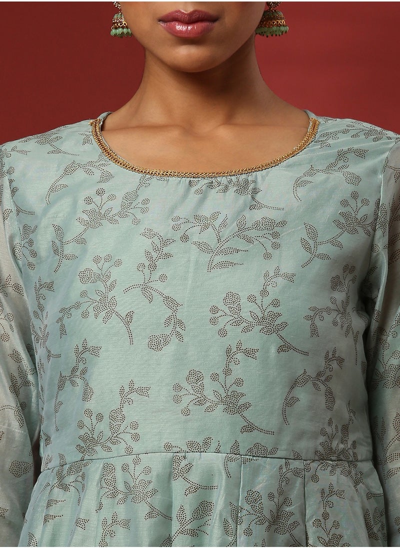 Printed 3pc kurta set with embroidered dupatta-mint
