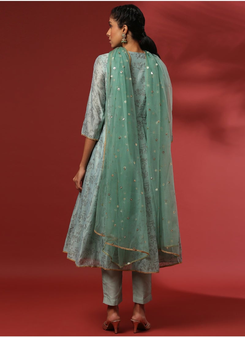 Printed 3pc kurta set with embroidered dupatta-mint