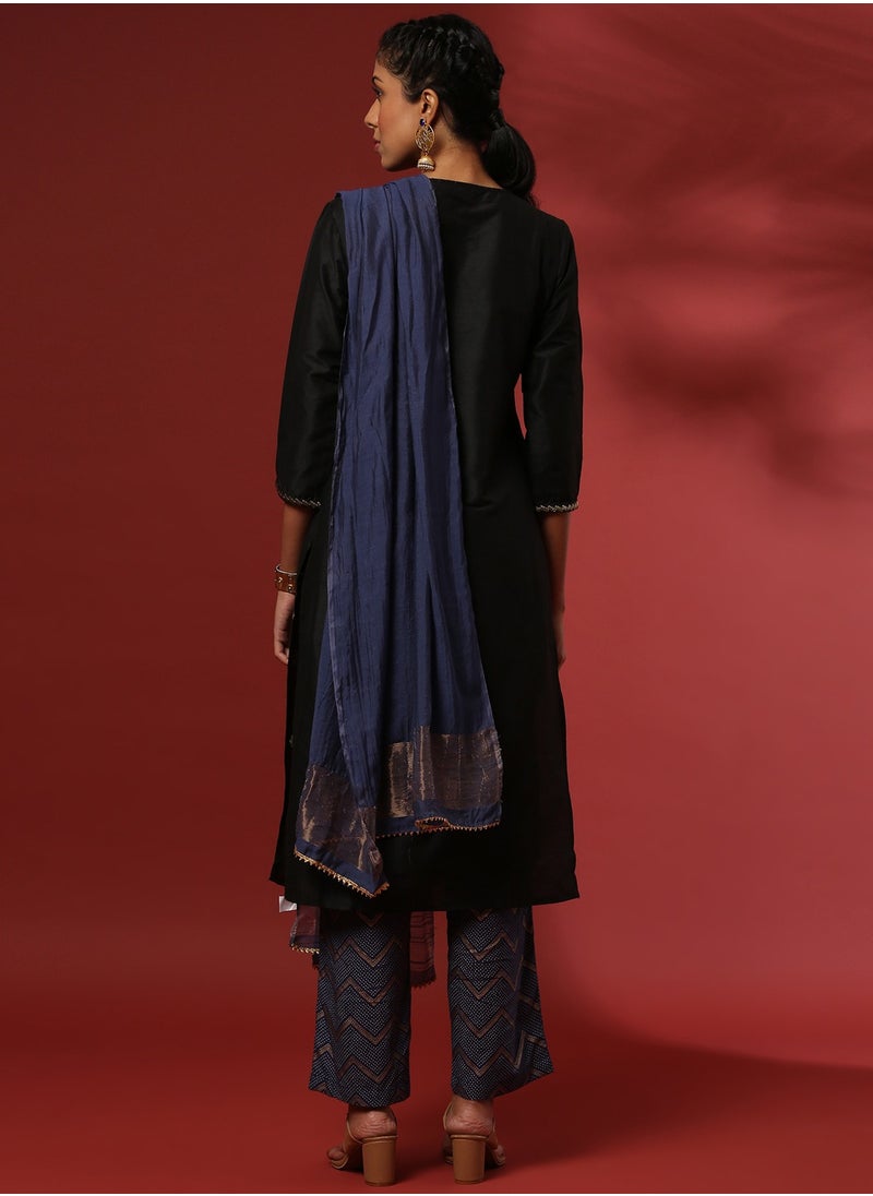 Zari embroidered 3pc kurta set with contrast color pant and dupatta- black