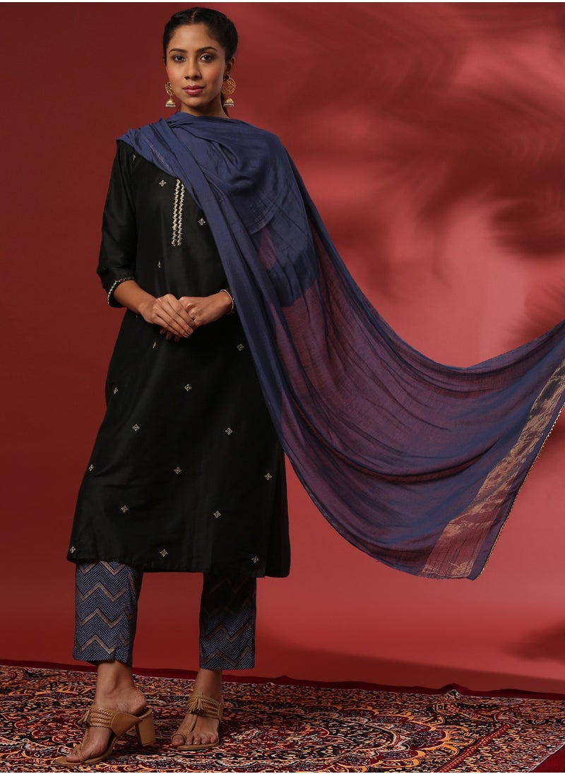 Zari embroidered 3pc kurta set with contrast color pant and dupatta- black