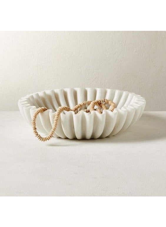 12-Inch Marble Decorative Bowl | Wedding Flower Decor, Spa Aromatherapy Candle Holder | Marble Urli for Flower Arrangements, DIY Craft Projects & Garden Decor | LED Votive Candle Holder | White
