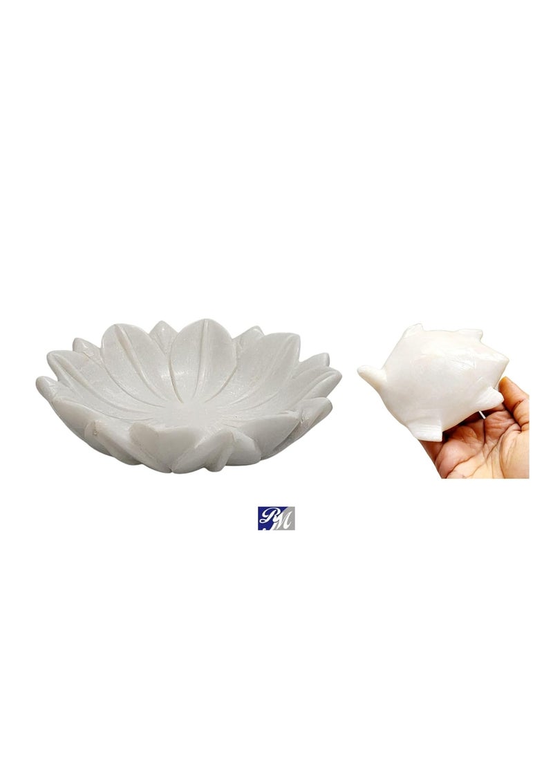 RM 9inch Round Marble Leafy Bowl Urli with 3inch Floating Turtle | Marble Flower Bowl | Marble Floating Turtle Bowl | Marble Candle Bowl