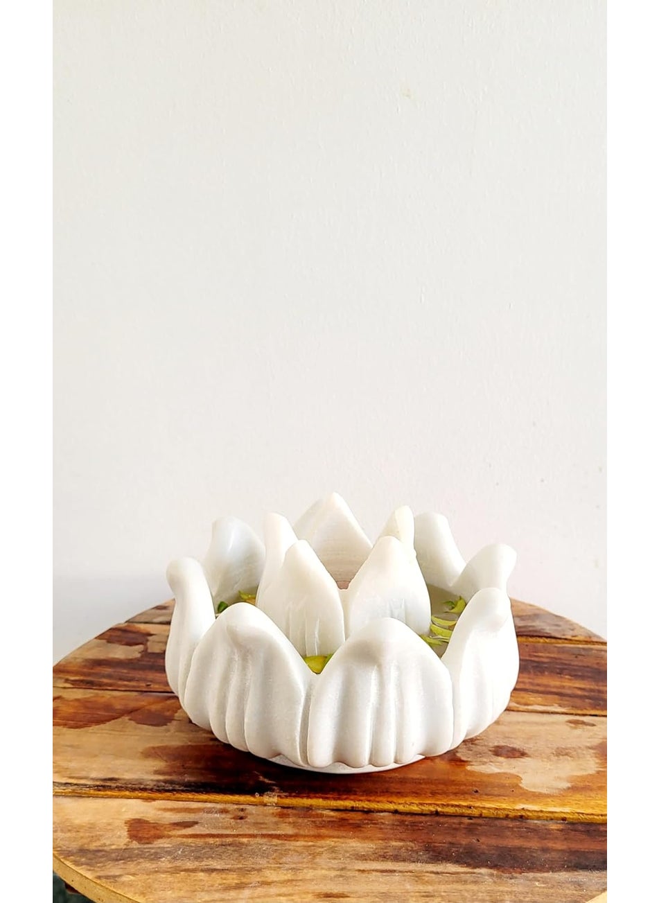 RM Candle Holder (6inch Bowl with 3inch Candle Holder) | Home Decoration | Marble Flower Bowl | Round Shaped Piece Decorative Platter | White