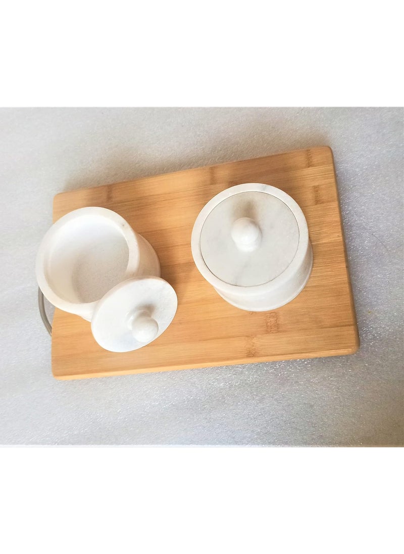 R&M RM Marble Bowls with Lid on Wood Base Salt and Pepper Bowl by Rameshwaram Marble | Marble Box | 4inch Marble Storage Box with Lid | Wooden Plate